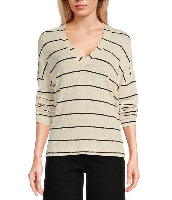 Blu Pepper Stripe V-Neck Drop Shoulder Long Sleeve Knit Top Product Image