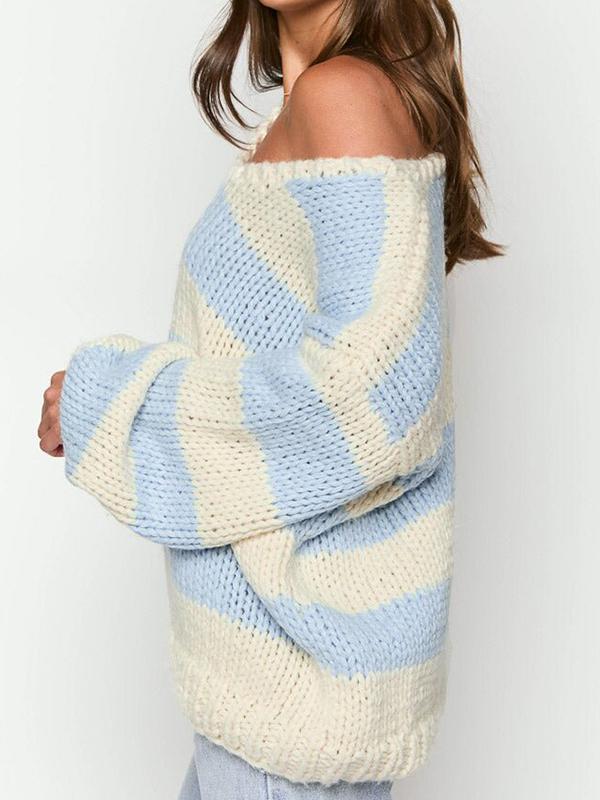 Off The Shoulder Striped Print Oversized Sweaters Product Image