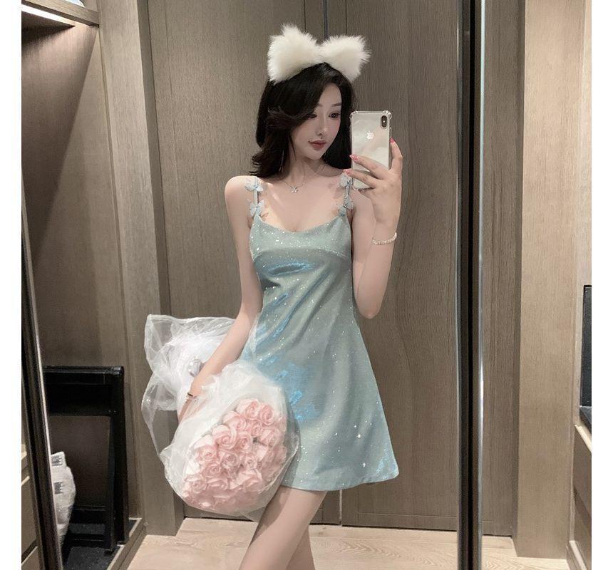 Butterfly Strap Glitter Slit Mini A-Line Dress Product Image