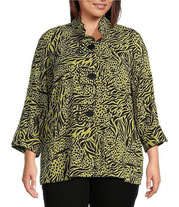 Ali Miles Plus Size Woven Zebra Leopard Print Wire Collar 3/4 Sleeve Button Front Tunic Product Image