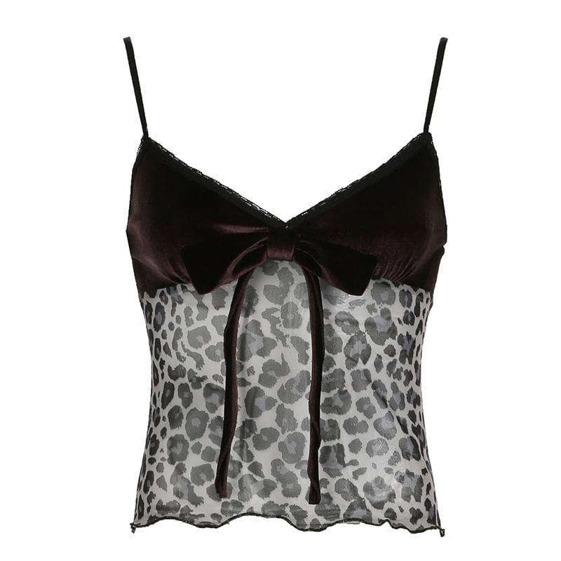 Spaghetti Strap / Long Sleeve V-Neck Leopard Print Slim-Fit Cami Top Product Image