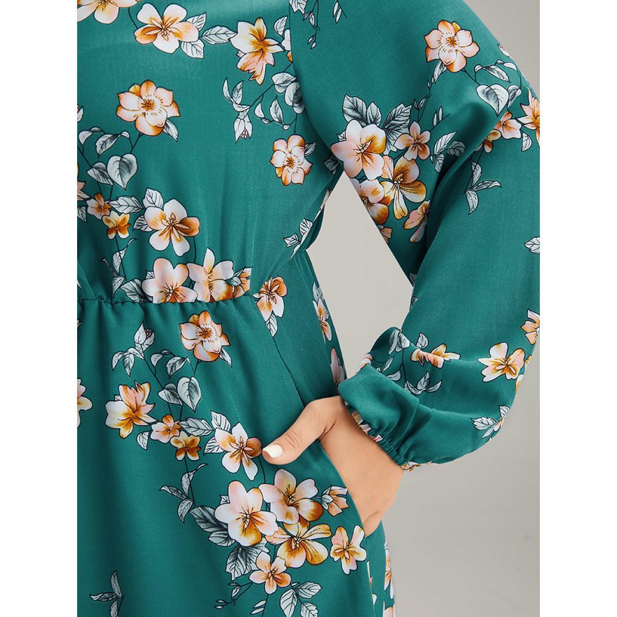Plus Size Floral Lantern Sleeve High Low Hem Dress DarkBlue Women Elegant Elastic cuffs V-neck Long Sleeve Curvy Midi Dress BloomChic 10/M Product Image