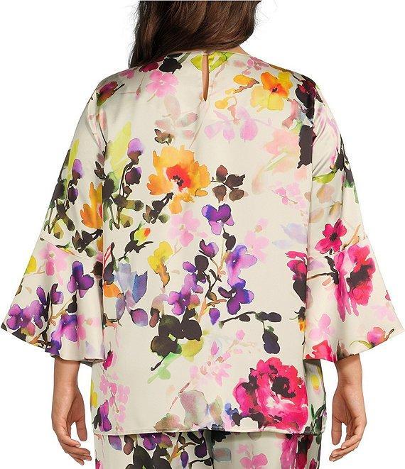 Caroline Rose Plus Size Brilliant Floral Bouquet Print Satin Scoop Neck 3/4 Soft Bell Sleeve Coordinating Tunic Product Image