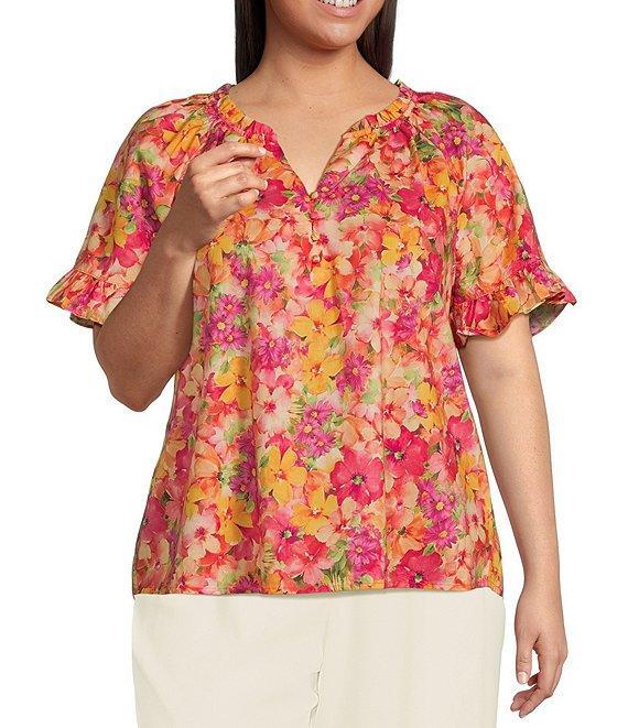 Skies Are Blue Plus Size Short Sleeve Poplin Ruffle Blouse Product Image