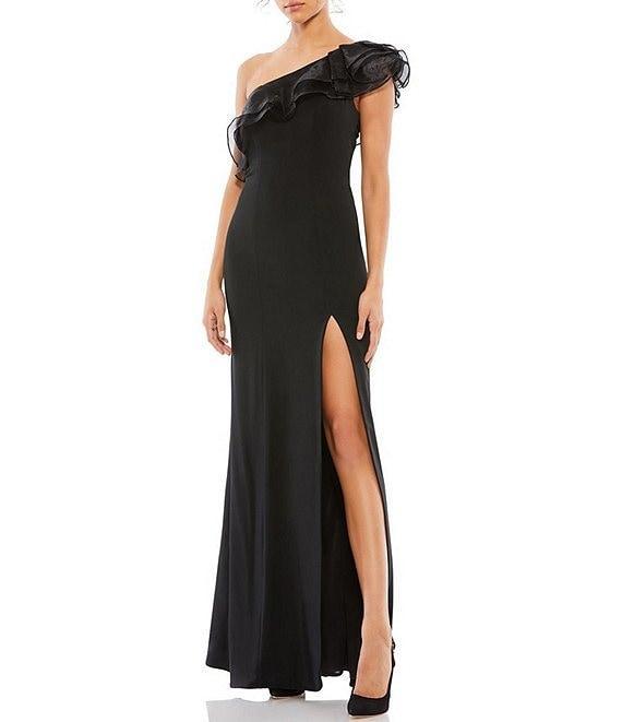 Mac Duggal Ruffle Asymmetrical One Shoulder Cap Sleeve Thigh High Slit Gown Product Image