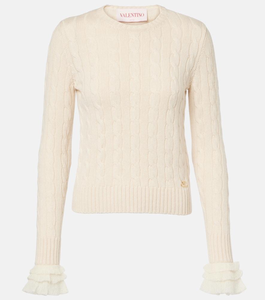 VALENTINO Cable-knit Ruffled Cashmere Sweater In White Product Image