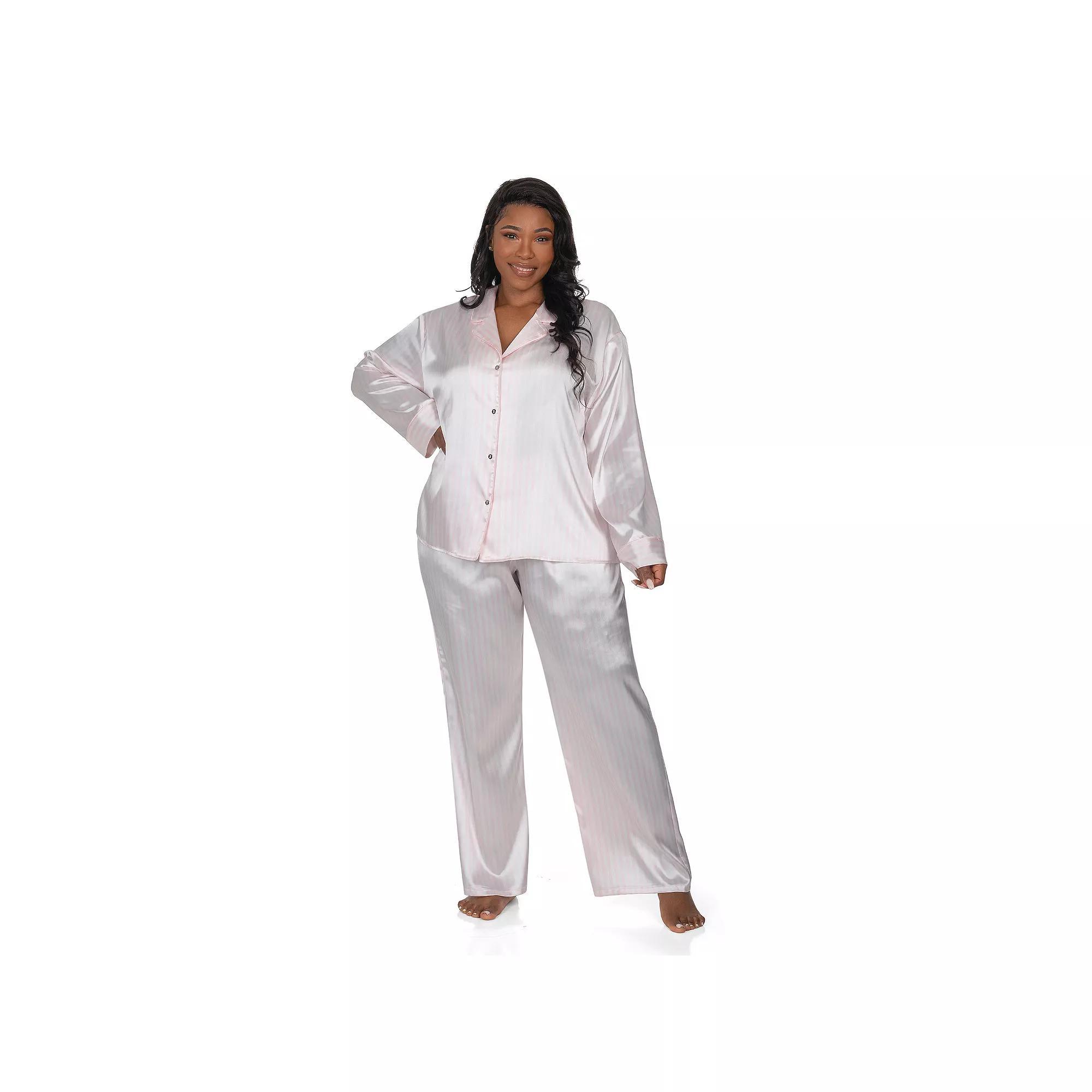 Plus Size Lilac+London Satin Notch Collar Pajama Top & Pajama Bottoms Set, Women's, Size: 3XL, Ivory Pink Product Image