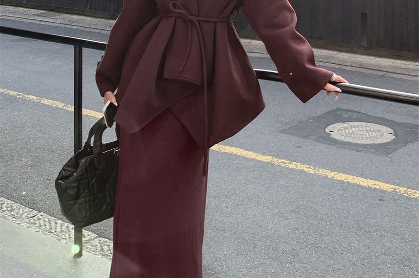 Long-Sleeve V-Neck Tie Waist Jacket / Long-Sleeve V-Neck Plain Maxi A-Line Dress Product Image