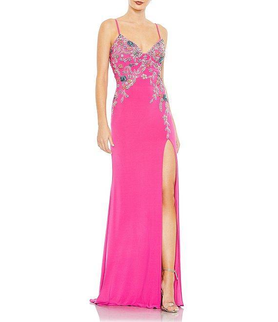 Mac Duggal V-Neck Floral Beaded Jersey Column Gown Product Image