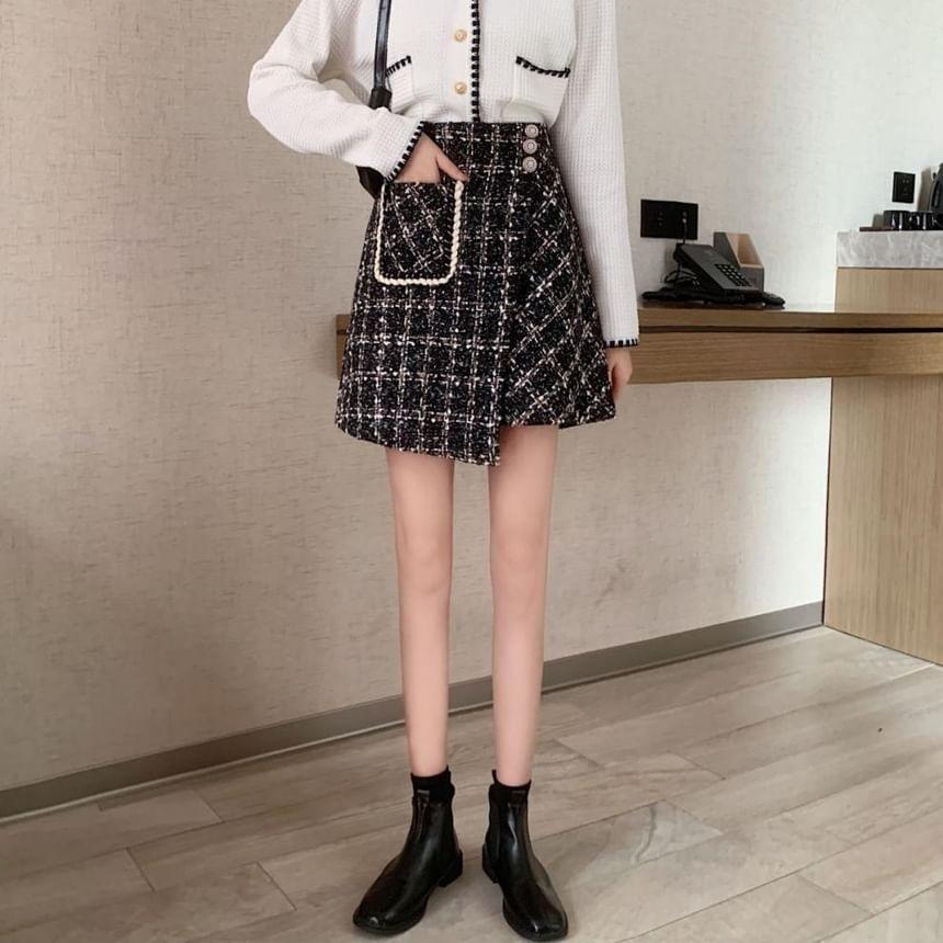 High Rise Plaid Asymmetrical Mini A-Line Skirt Product Image