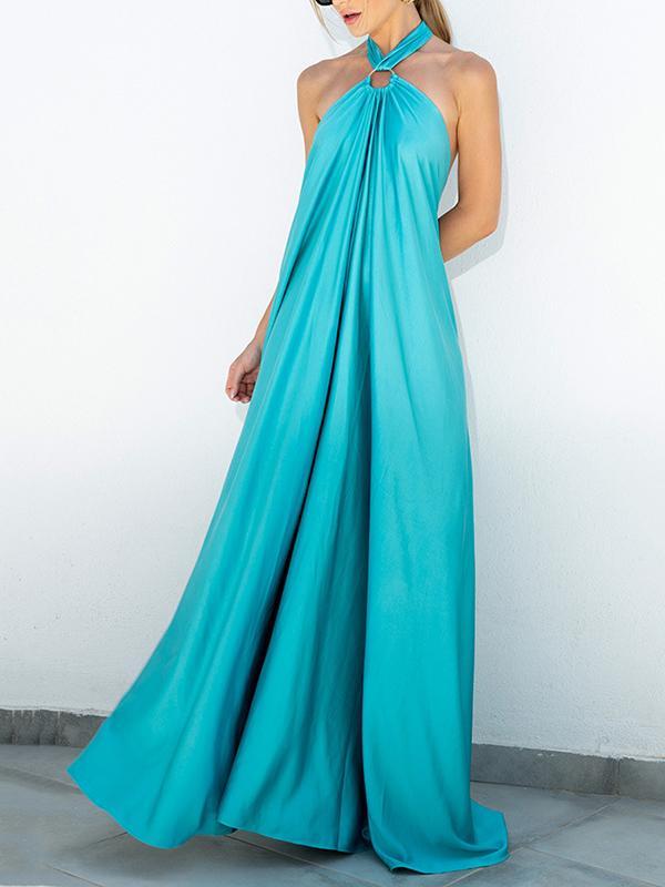 A-Line Loose Backless Solid Color Tied Halter-Neck Maxi Dresses Product Image