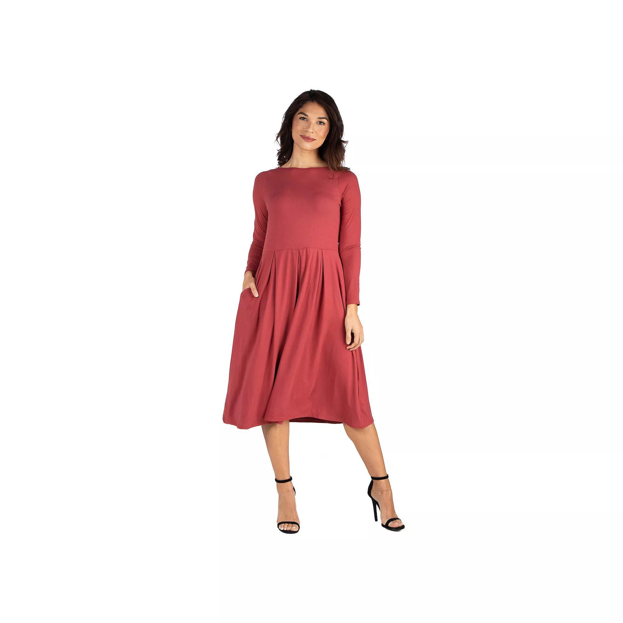 Women's 24Seven Comfort Apparel Long Sleeve Fit & Flare Dress with Pockets,  Product Image