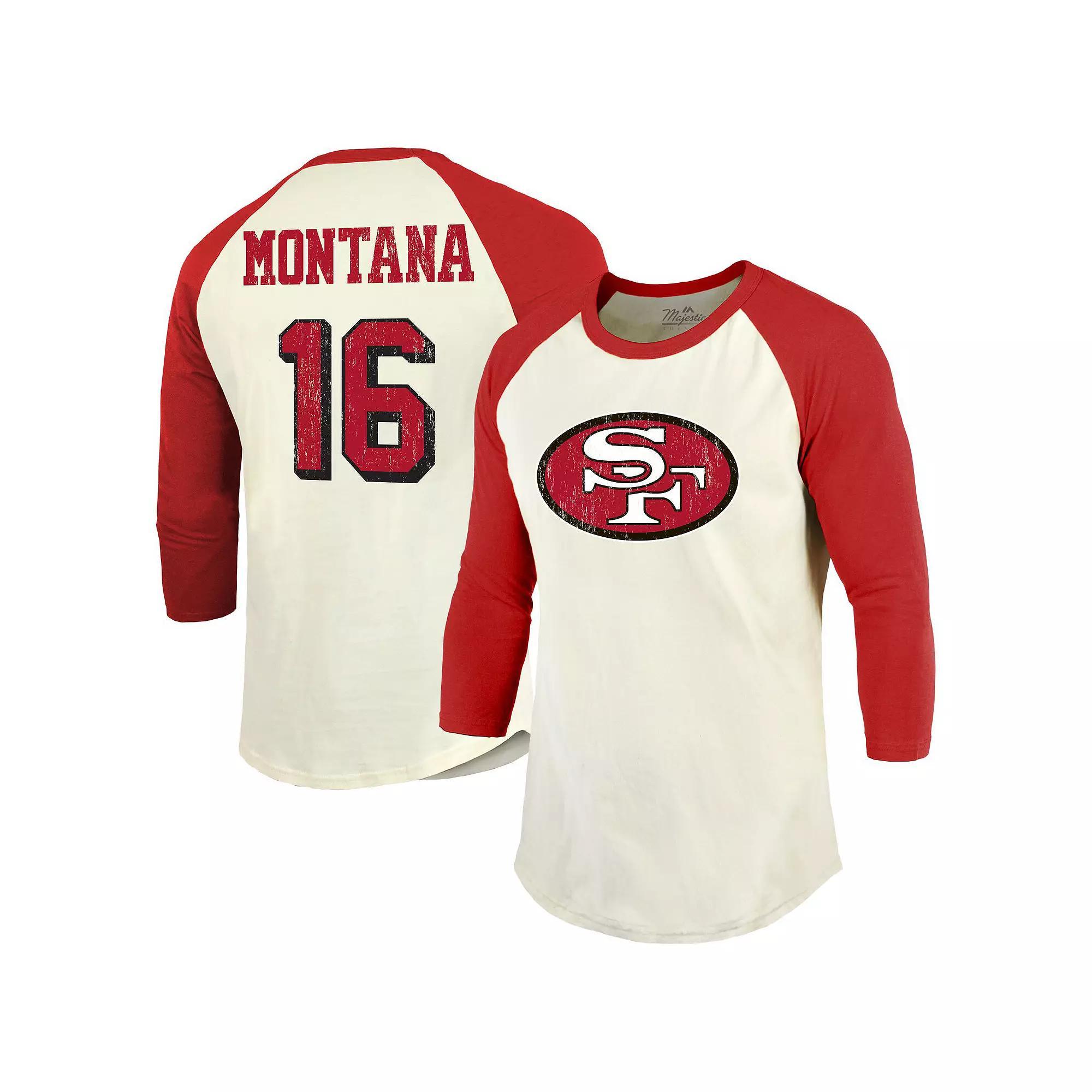 Men's Majestic Threads Joe Montana Cream/Scarlet San Francisco 49ers Retired Player Name & Number 3/4 Raglan Sleeve T-Shirt, Size: Small, Beige Product Image