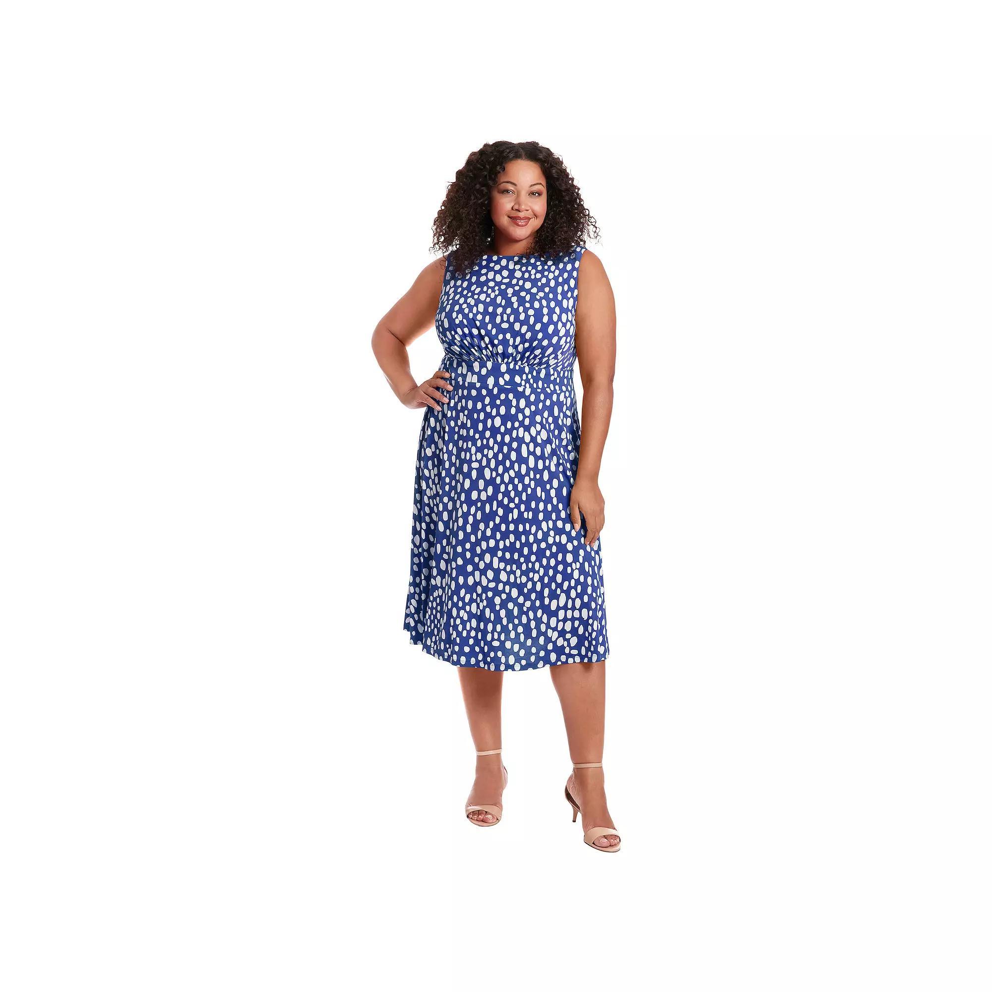 Plus Size London Times Floral Print Elbow Sleeve Inset Waist Midi Dress, Women's, Size: 14 W, Classic Blue Product Image