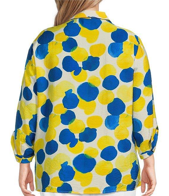 Multiples Plus Size Crinkle Woven Printed Point Collar 3/4 Cinched Tab Cuff Button Front Shirt Product Image