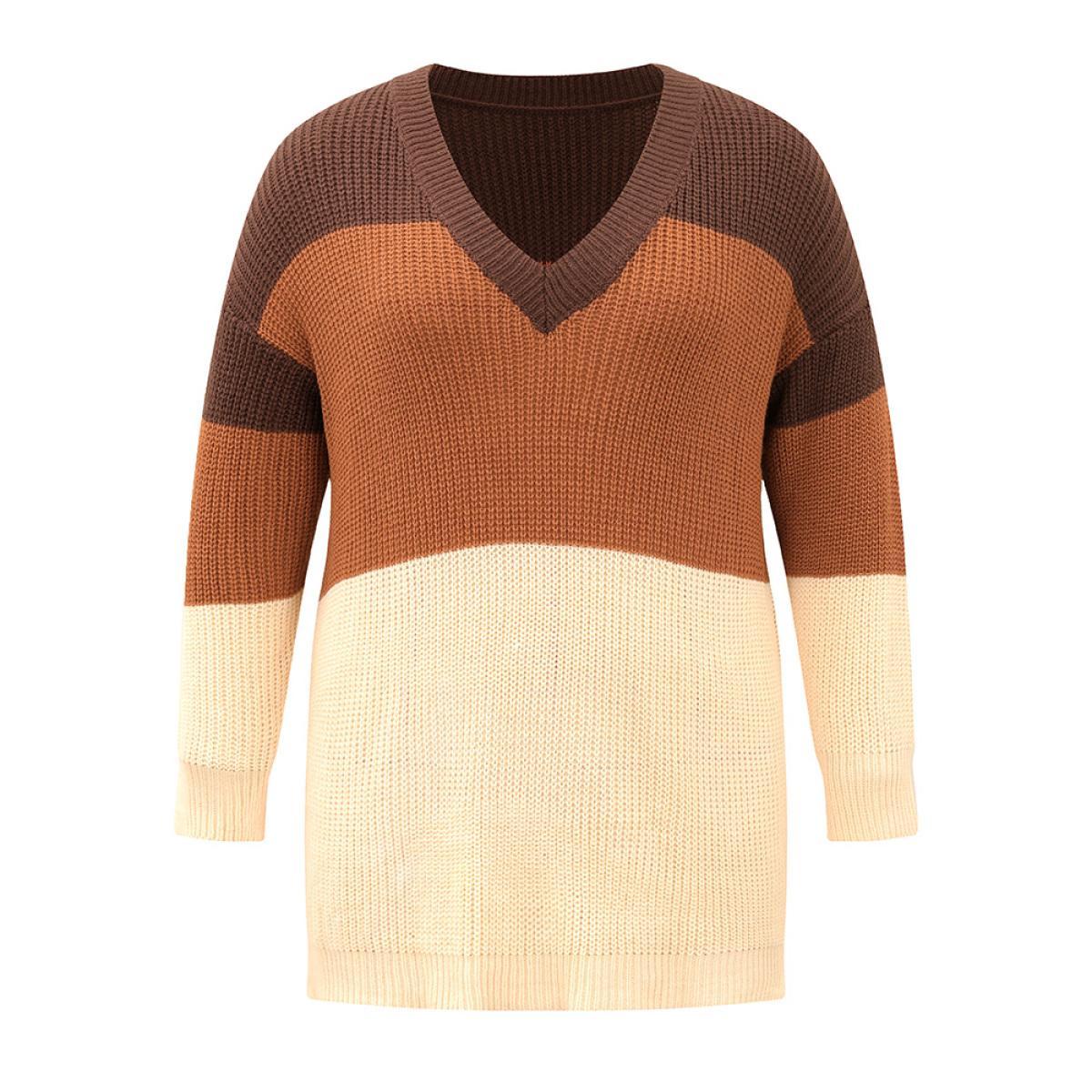 Plus Size Colorblock Patchwork Split Side Drop Shoulder Pullover Multicolor Women Casual Loose Long Sleeve V-neck Dailywear Pullovers BloomChic 22-24/3X Product Image