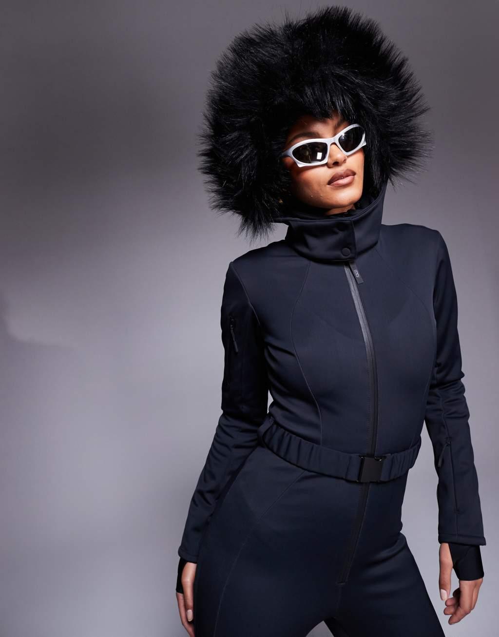 4505 Tall Ski belted ski suit with slim kick legs and faux fur hood in black  Product Image