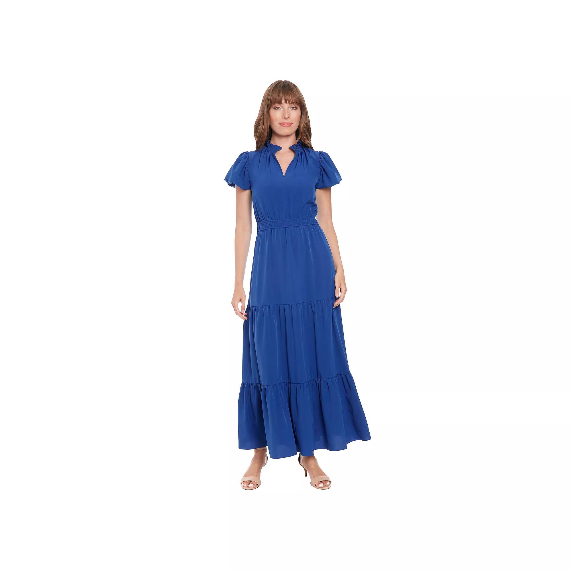 Women's London Times Bubble Sleeve Tiered Maxi Dress, Size: Medium, Blue Product Image