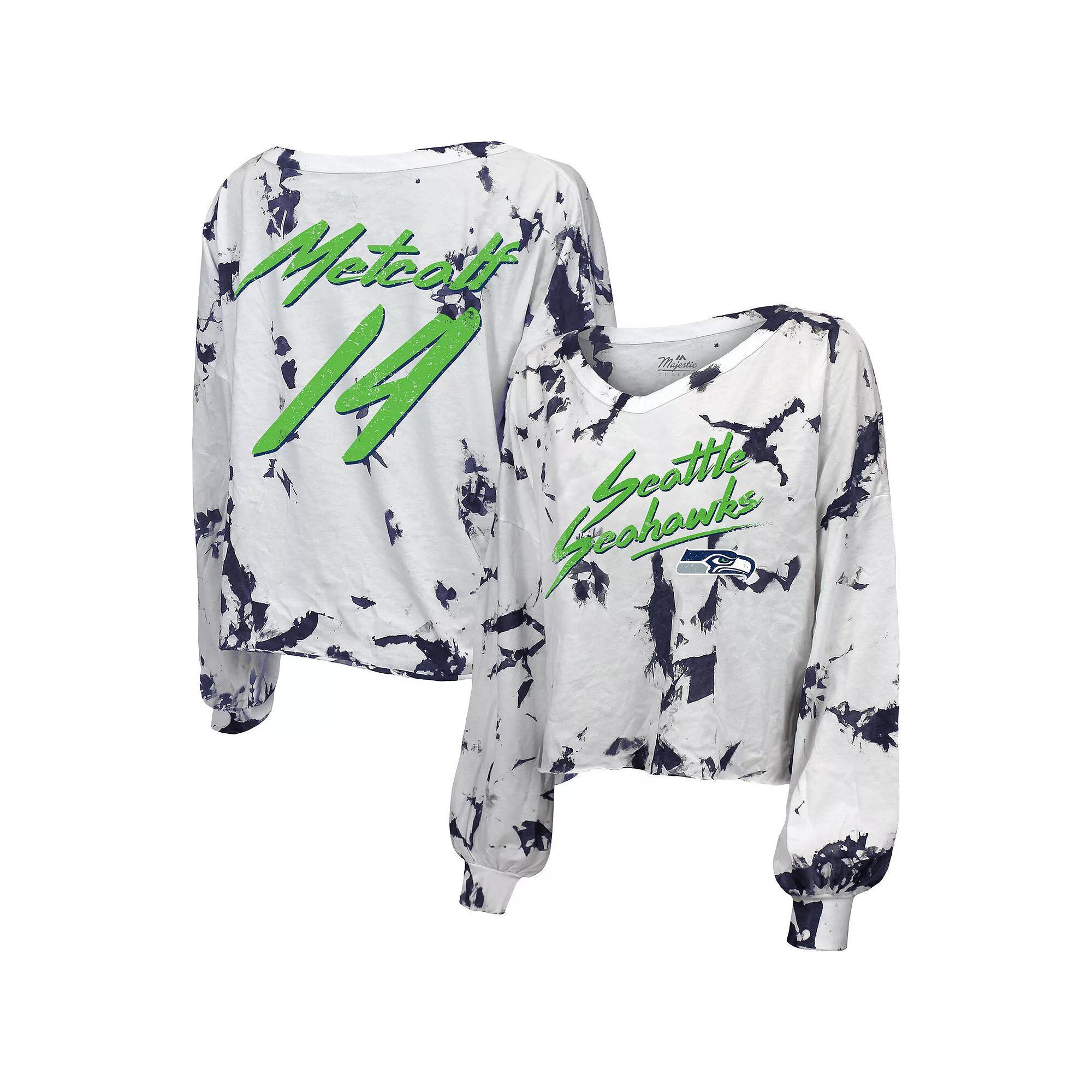 Women's DK Metcalf White Seattle Seahawks Off-Shoulder Tie-Dye Name & Number Long Sleeve V-Neck T-Shirt, Size: Small Product Image