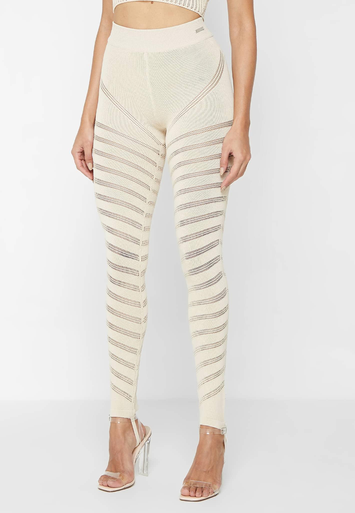 High Waisted Knitted Spiral Contour Leggings - Beige Female Product Image