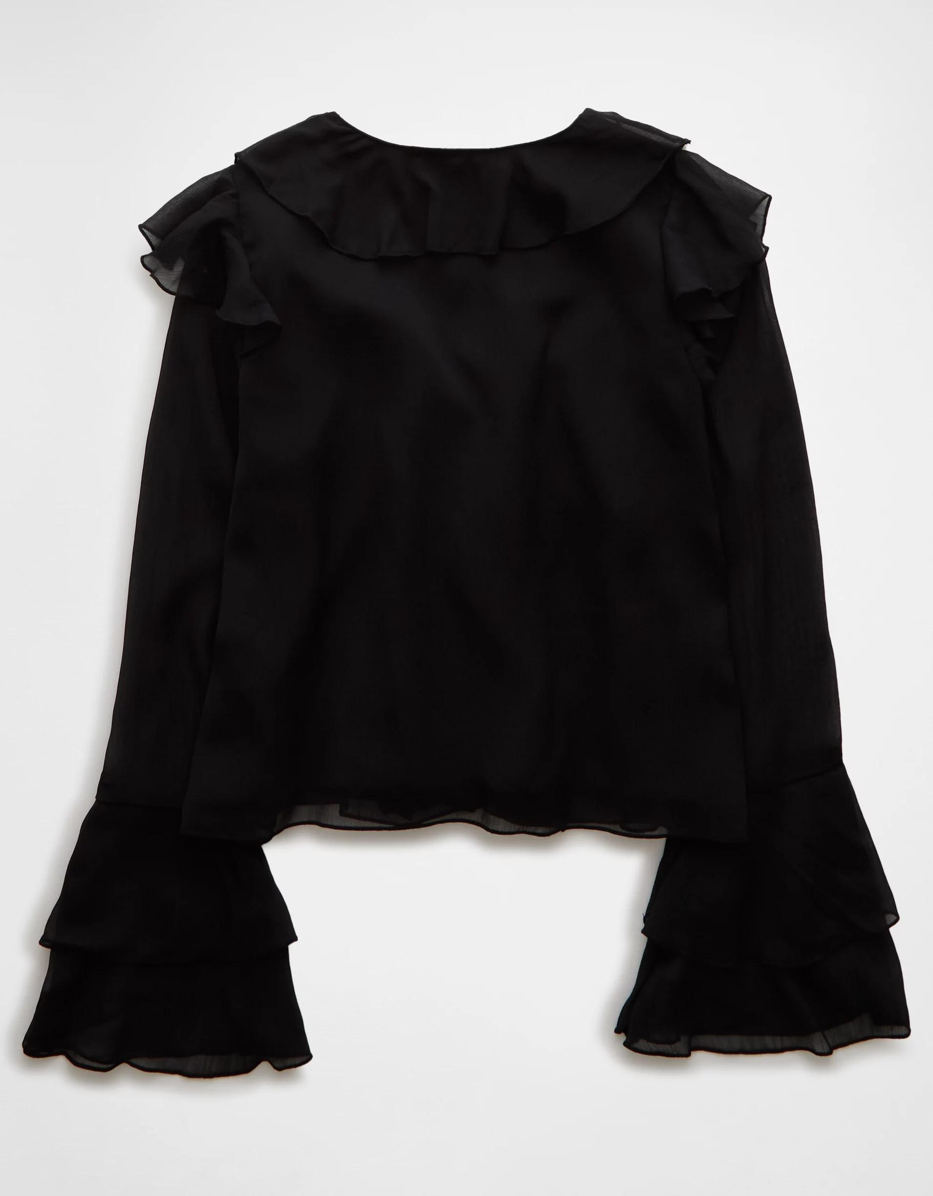 AE Long-Sleeve Chiffon Ruffle Blouse Product Image