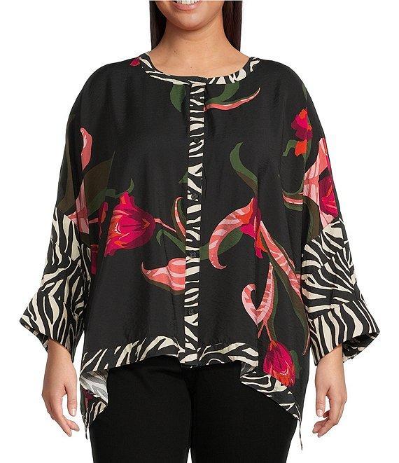 Ali Miles Plus Size Woven Floral Zebra Multi Print Round Neck Long Dolman Sleeve Button Front Tunic Product Image
