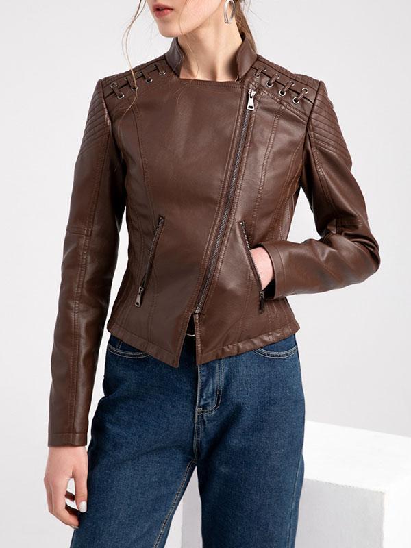 Long Sleeves Split-Joint Zipper Mock Neck PU Jackets Outerwear Product Image