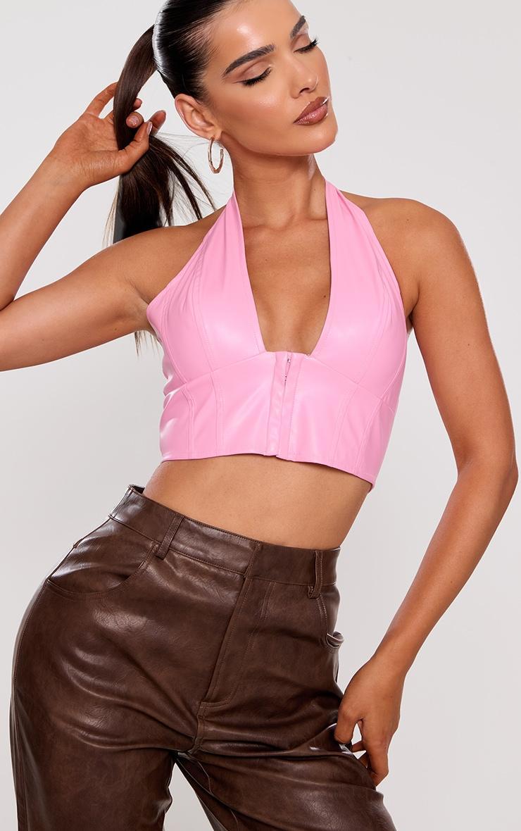 Pink Faux Leather Hook & Eye Plunged Crop Top Product Image