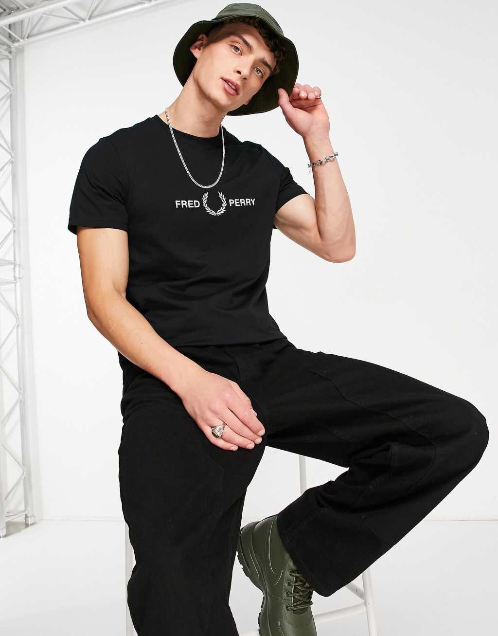 Fred Perry embroidered t-shirt in black Product Image