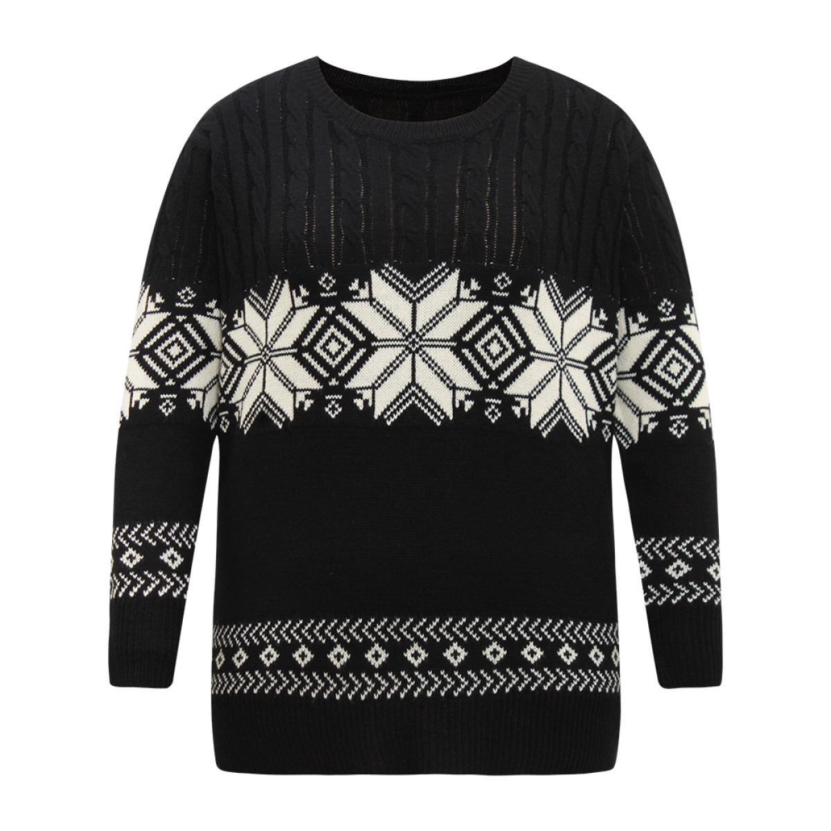 Plus Size Geometric Jacquard Cable Knit Pullover Black Women Casual Loose Long Sleeve Round Neck Dailywear Pullovers BloomChic 30/6X Product Image