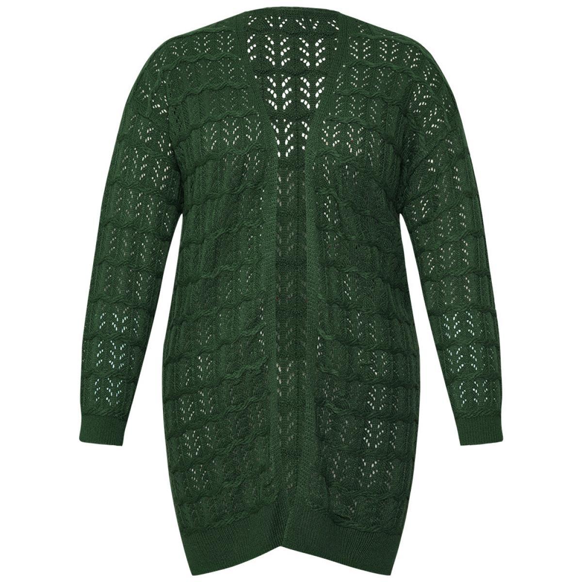 Plus Size Plain Geometric Eyelet Cable Knit Tunic Cardigan DarkGreen Women Casual Loose Long Sleeve Everyday Cardigans BloomChic 12/L Product Image