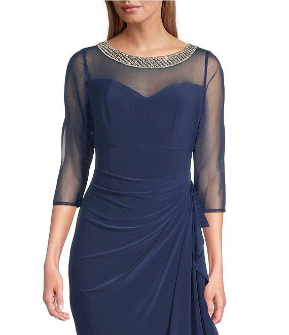 Alex Evenings Petite Size Embellished Boat Neck 3/4 Sleeve Ruched Side Slit Dress Product Image