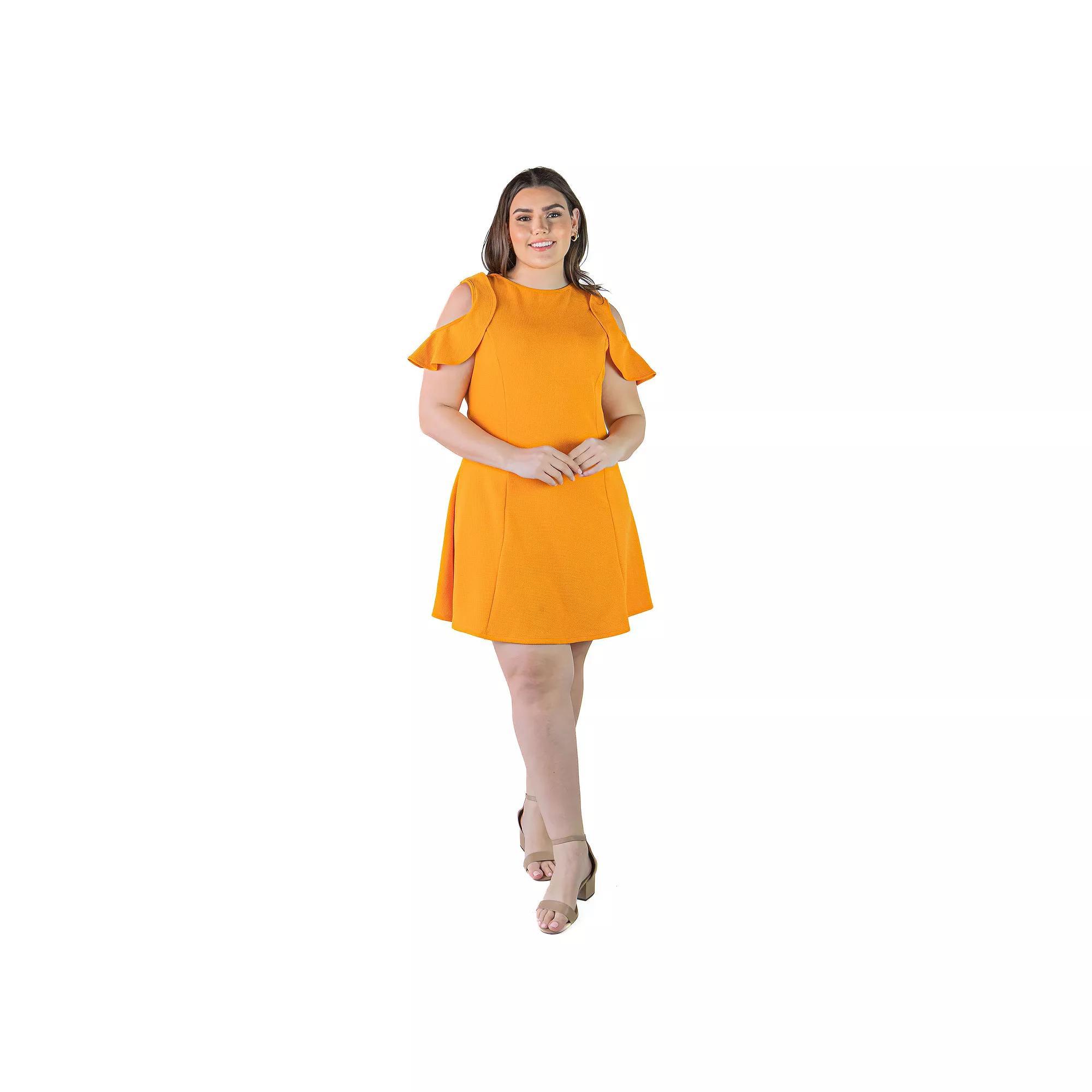 Plus Size 24Seven Comfort Apparel Ruffle Cold Shoulder A-Line Dress, Women's, Size: 3XL, Pink Product Image