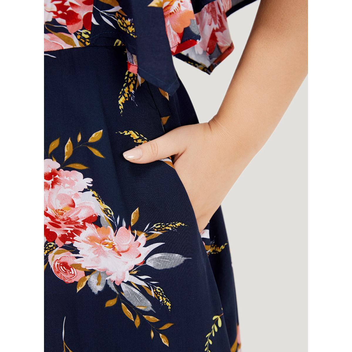 Plus Size Floral Print Surplice Neck Pocket Ruffle Sleeve Dress DarkBlue Women Elegant Gathered V-neck Half Sleeve Curvy Knee Dress BloomChic 30/6X Product Image