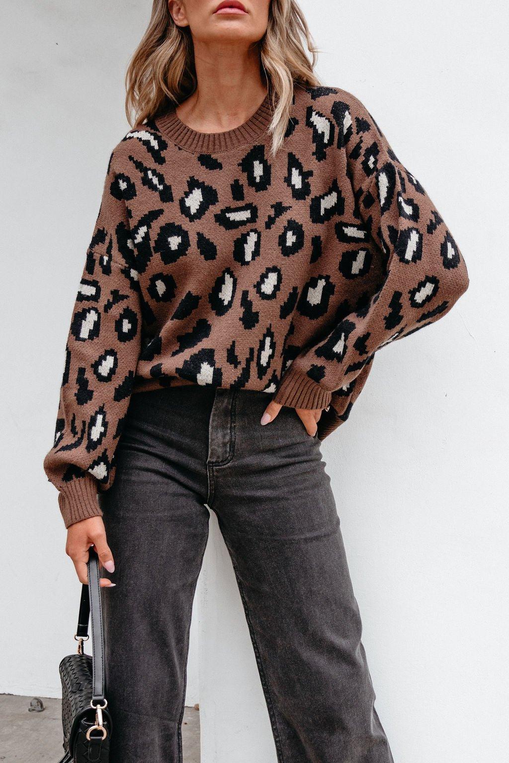 Brown Leopard Print Ribbed Sweater-FINAL SALE Product Image