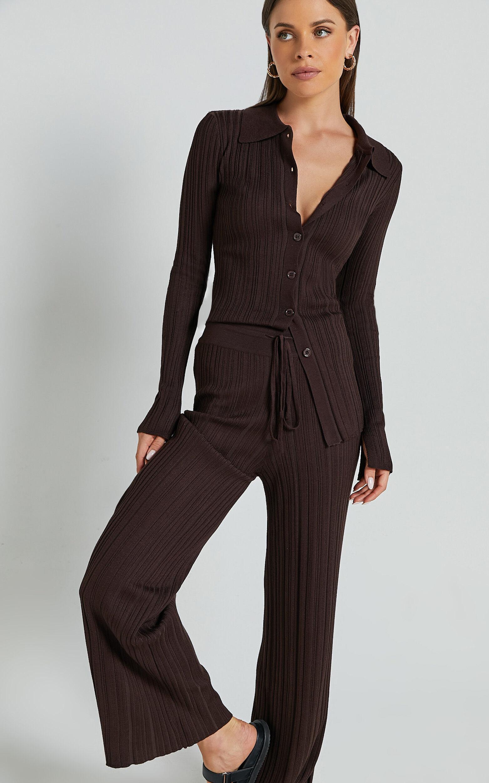 Kelsey Pants - High Drawstring Waist Knit Pants in Chocolate Product Image