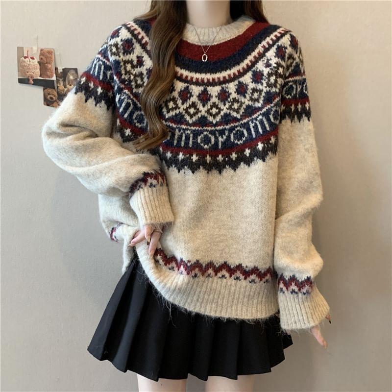 Round Neck Jacquard Sweater Product Image