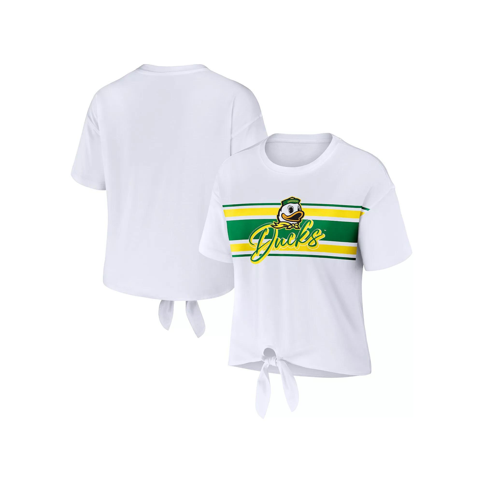 Women's WEAR by Erin Andrews White Oregon Ducks Striped Front Knot Cropped T-Shirt,  Product Image
