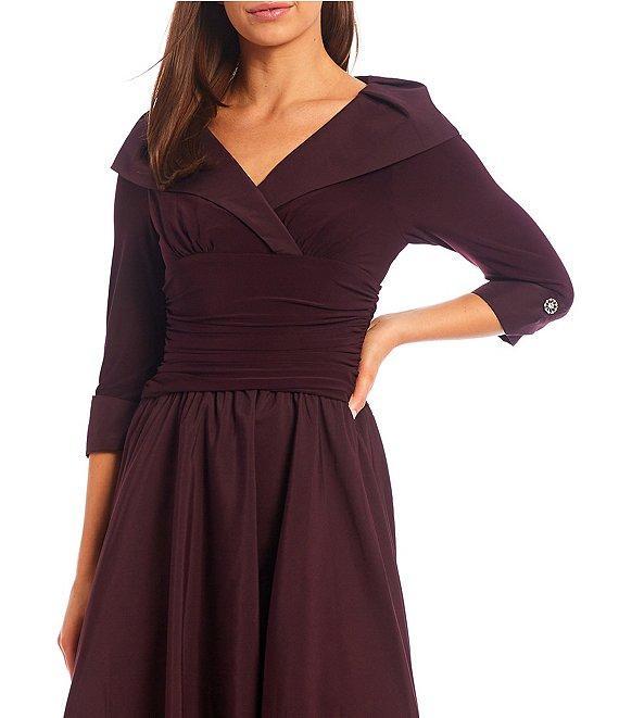Jessica Howard Jersey Taffeta 3/4 Sleeve Portrait Collar Ruched A-Line Midi Dress Product Image