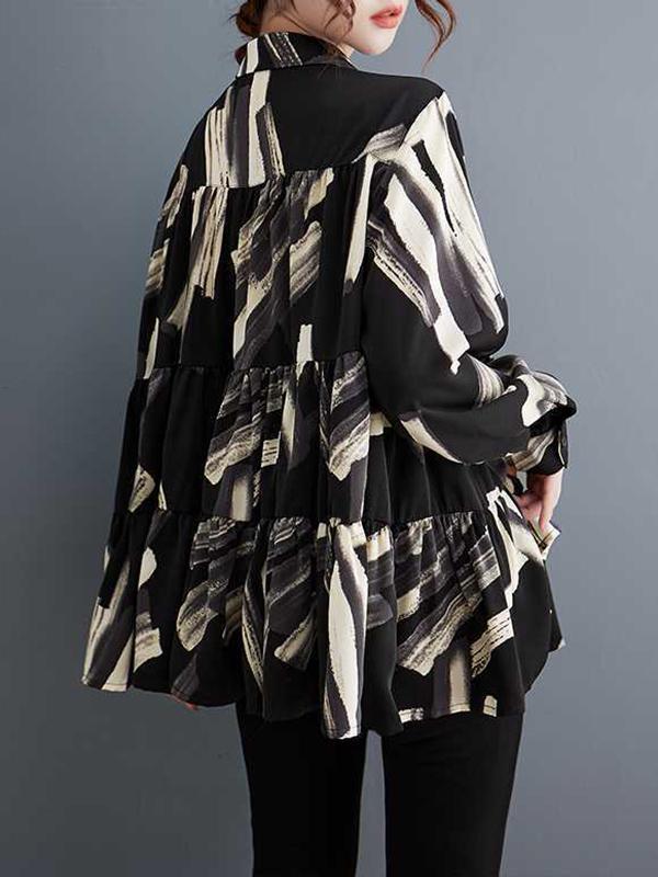 Long Sleeves Loose Pleated Printed Split-Joint Lapel Blouses Product Image