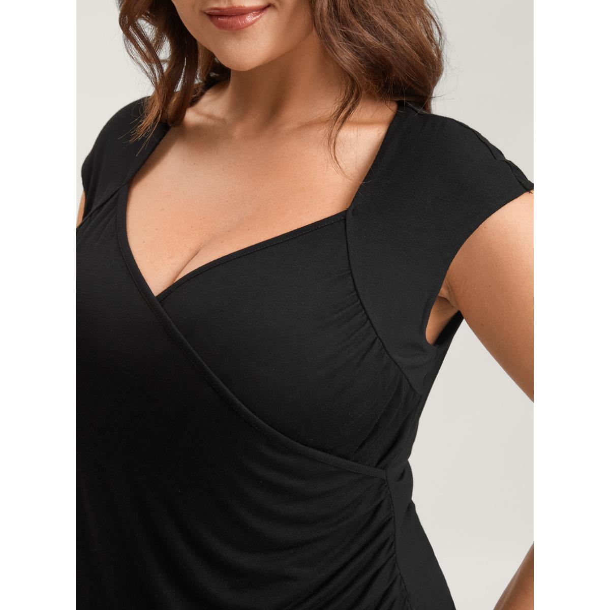 Plus Size Overlap Knit Sweetheart Neck T-Shirt Black Women Timeless Overlap Collar Elegant T-shirts BloomChic 28/5X Product Image