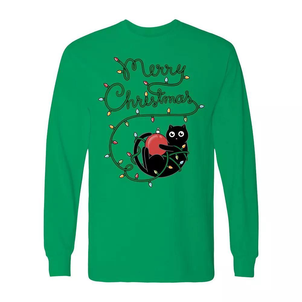 Men's Cat Merry Christmas Long Sleeve Graphic Tee, Size: XL, Irish Green Product Image