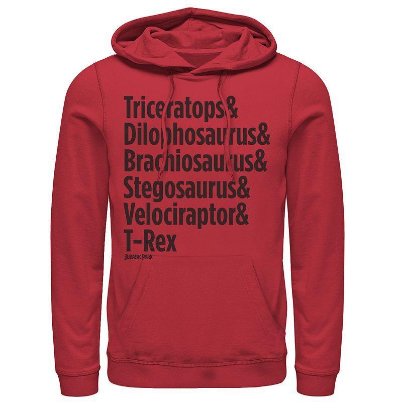 Men's Jurassic Park Dinosaur Name Types Graphic Pullover Graphic Hoodie, Size: Large, Red Product Image