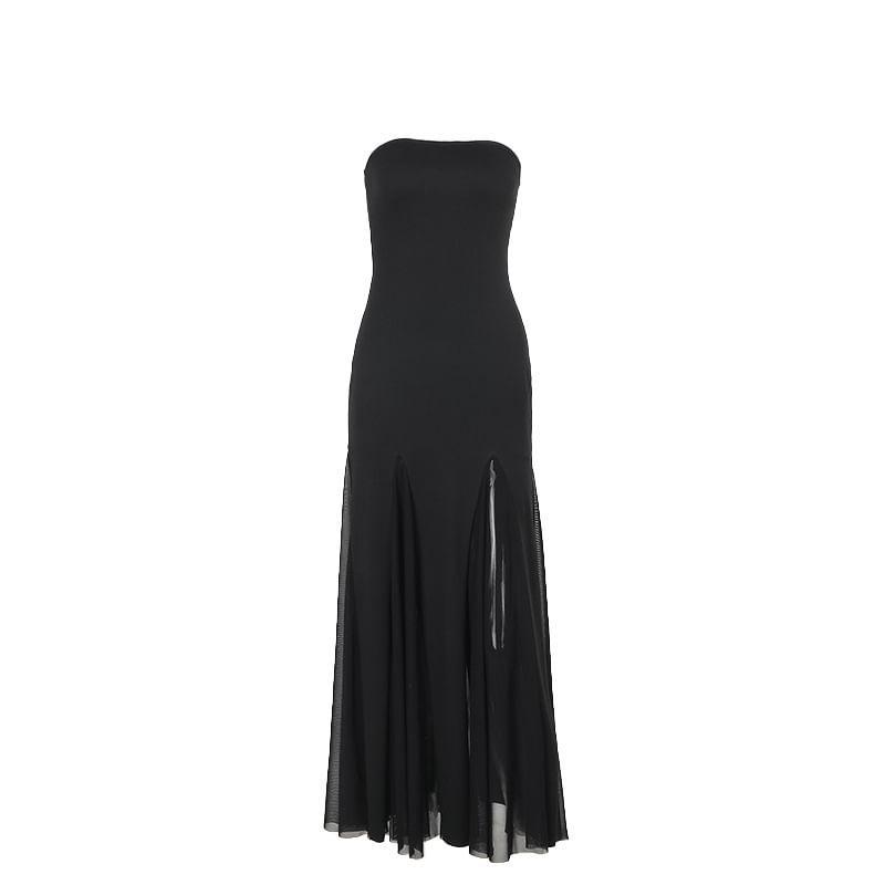 Sleeveless Plain Mesh Panel Maxi A-Line Dress Product Image