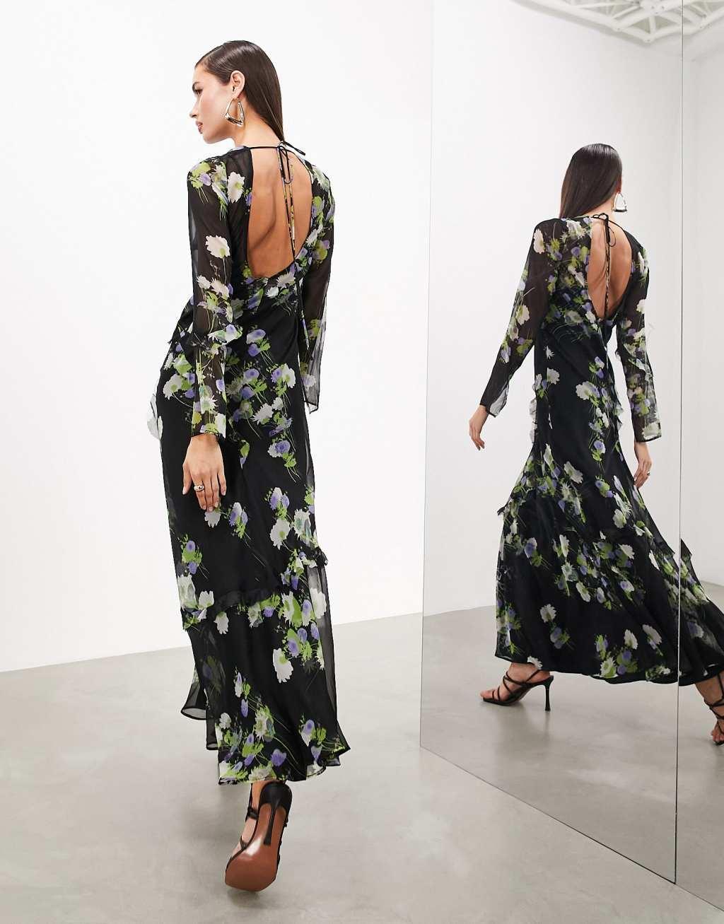 ASOS EDITION long sleeve chiffon maxi dress with frills Product Image