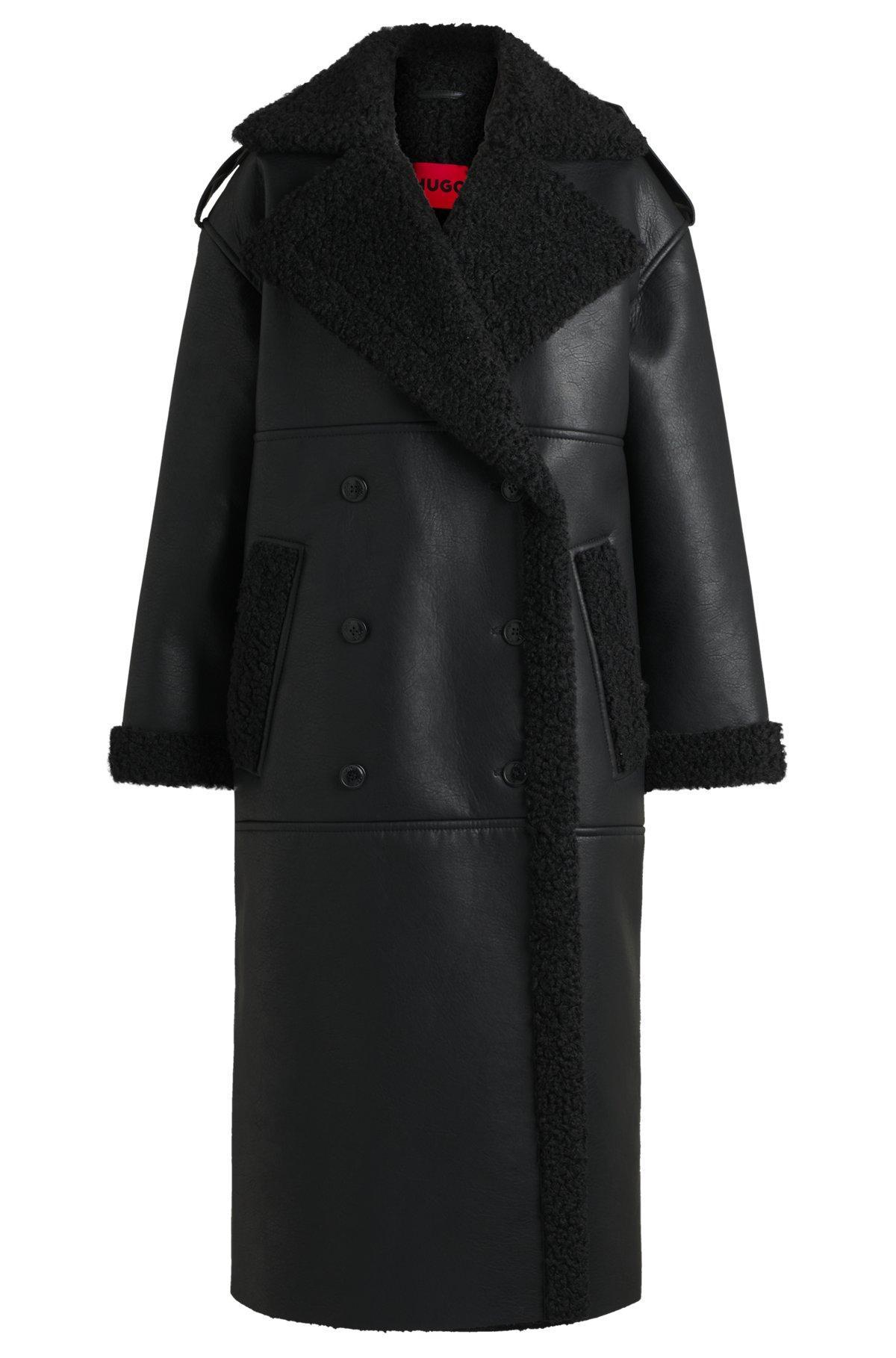 HUGO - Oversize-fit faux-leather coat with faux-fur trims - Black Product Image
