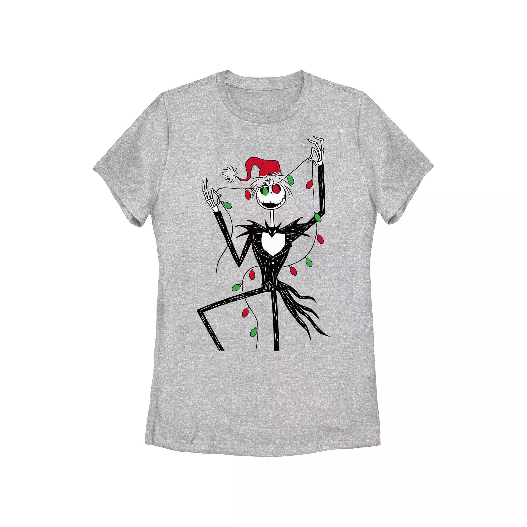 Disney's The Nightmare Before Christmas Jack Skellington Holding Christmas Lights Juniors' Graphic Tee, Girl's, Size: Small, Athletic Grey Product Image