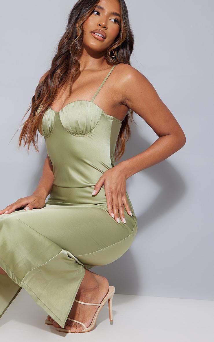 Sage Green Satin Ruched Cup Strappy Midi Dress Product Image