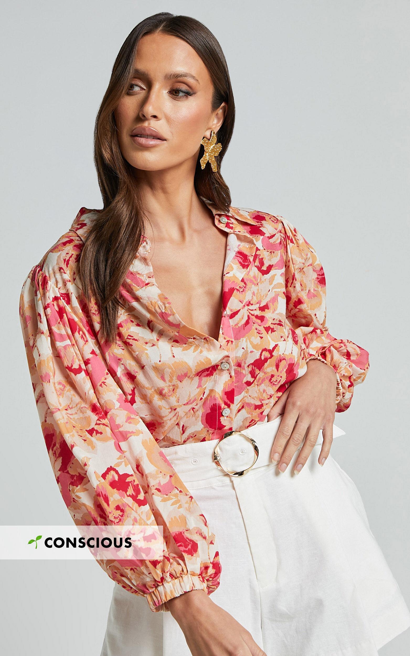 Amalie The Label - Kimmella Linen Blend Puff Sleeve Shirt in Sienna Print Product Image