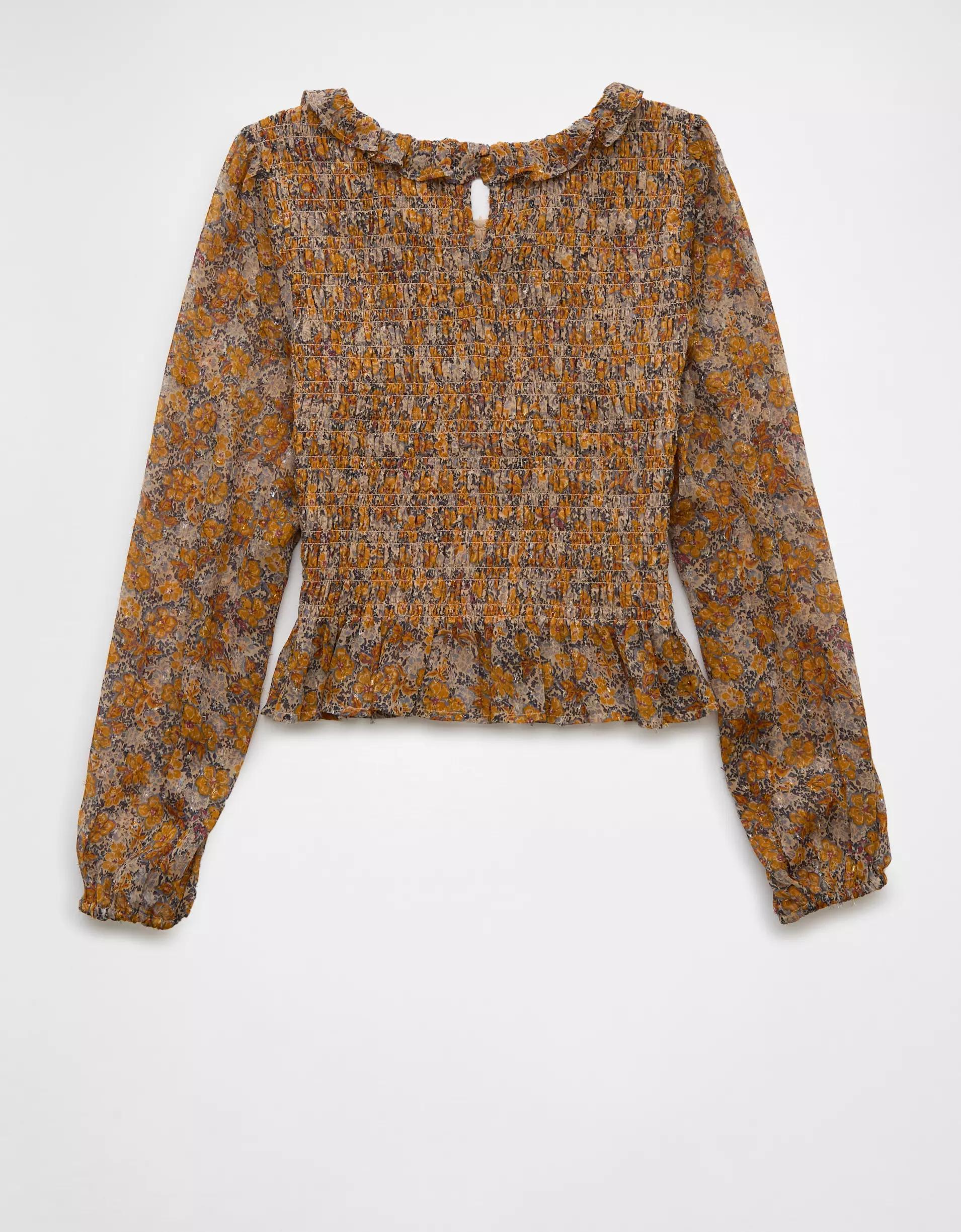 AE Long-Sleeve Smocked Bodice Ruffle Top Product Image